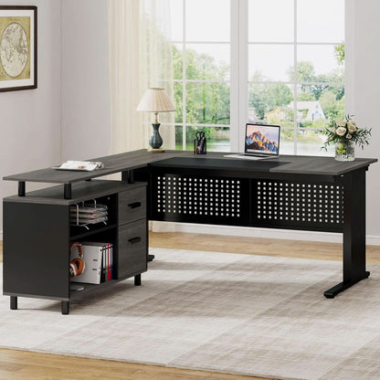 63-Inch Executive Desk with File Cabinet and Open Shelves – view 5
