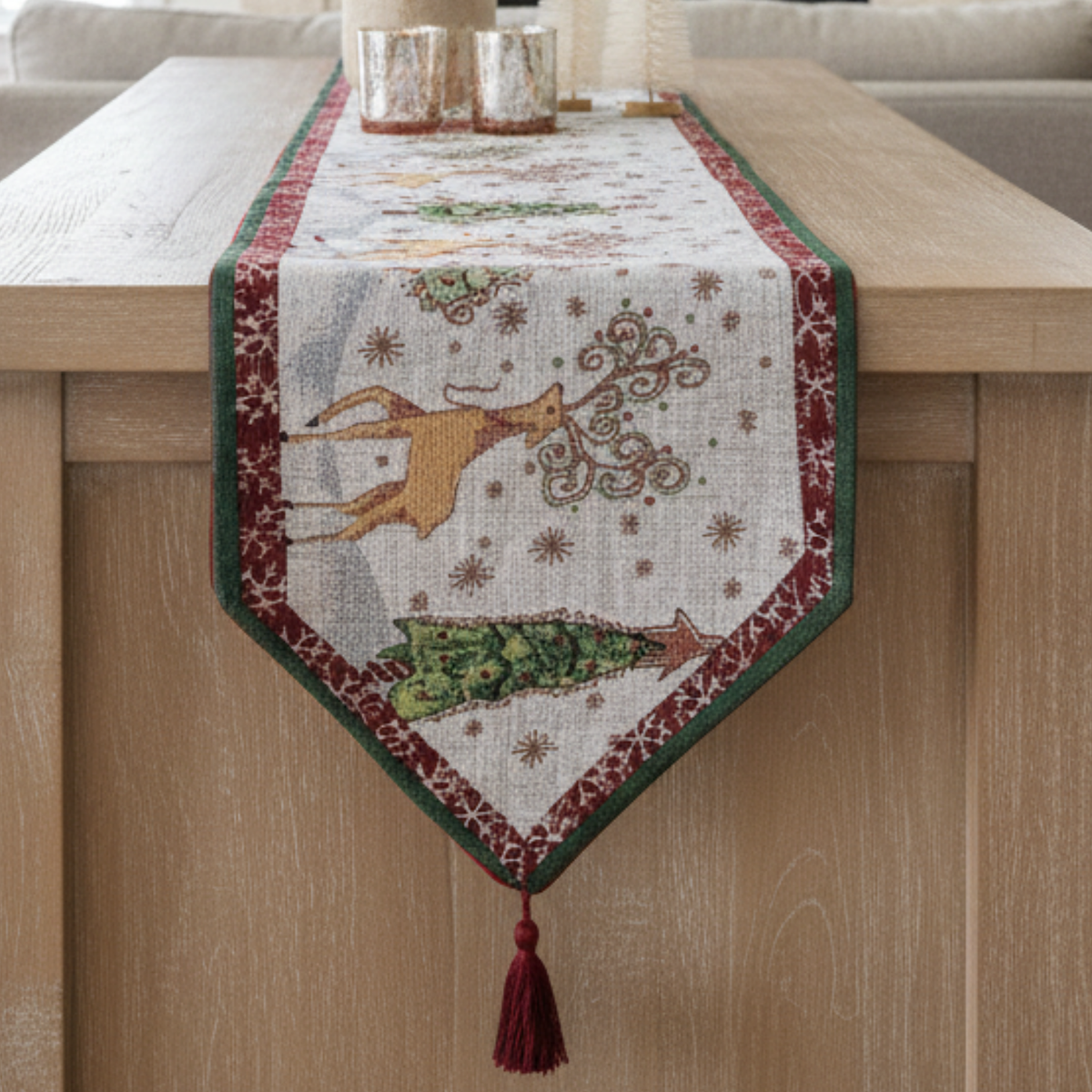 Woven Tapestry Reindeer Winter Forest Table Runner for Holiday Dining