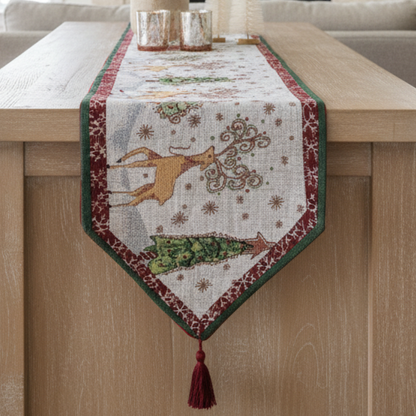 Woven Tapestry Reindeer Winter Forest Table Runner for Holiday Dining