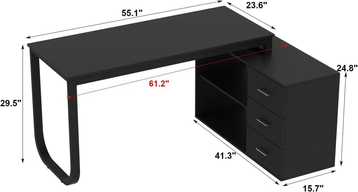 55.1-Inch Black L-Shaped Computer Desk with Reversible Storage Cabinet – view 2