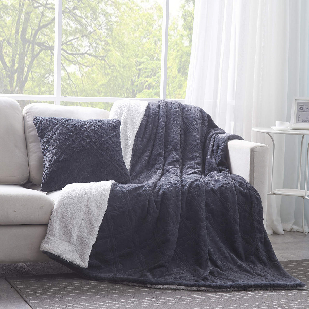 Navy Blue Diamond Trellis Faux Fur and Sherpa Throw Blanket – view 4