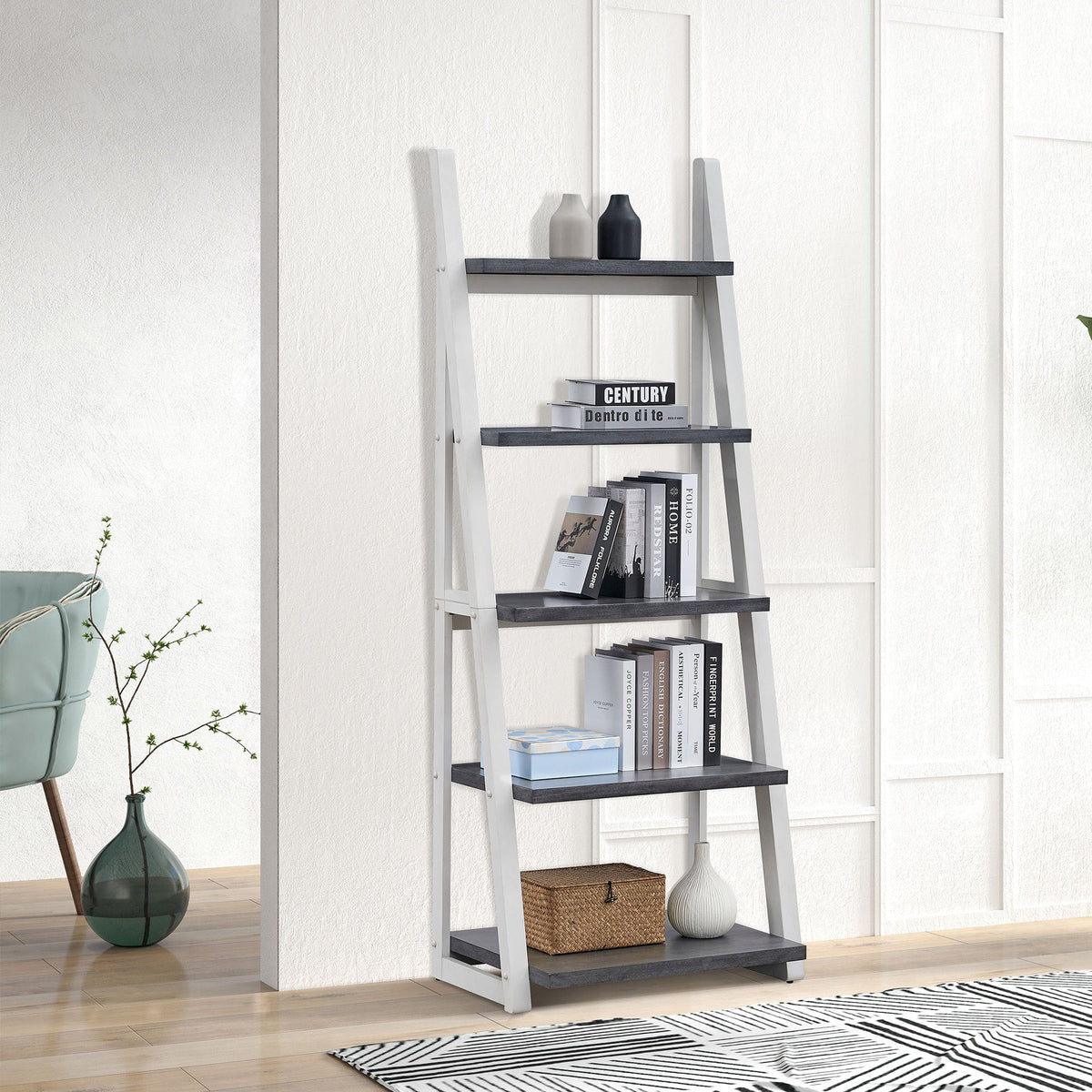 5-Tier Ladder Shelf with Rubber Wood Frame in Grey and White – view 5