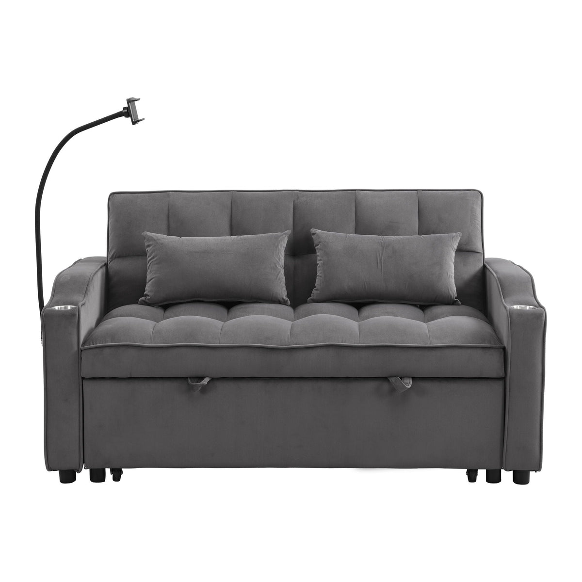 Dark gray velvet sofa bed with pull-out trundle and USB ports in a small guest room