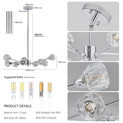28" Modern Low-Profile Crystal Chandelier with 9 Lights, Chrome – view 8