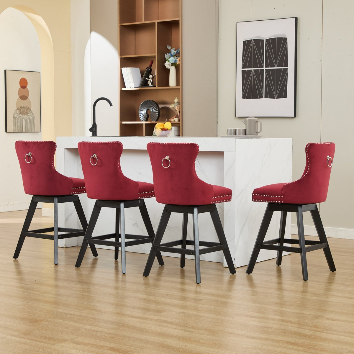 Wine Red Velvet Swivel Bar Stools with Button Tufting, Set of 2 – view 23