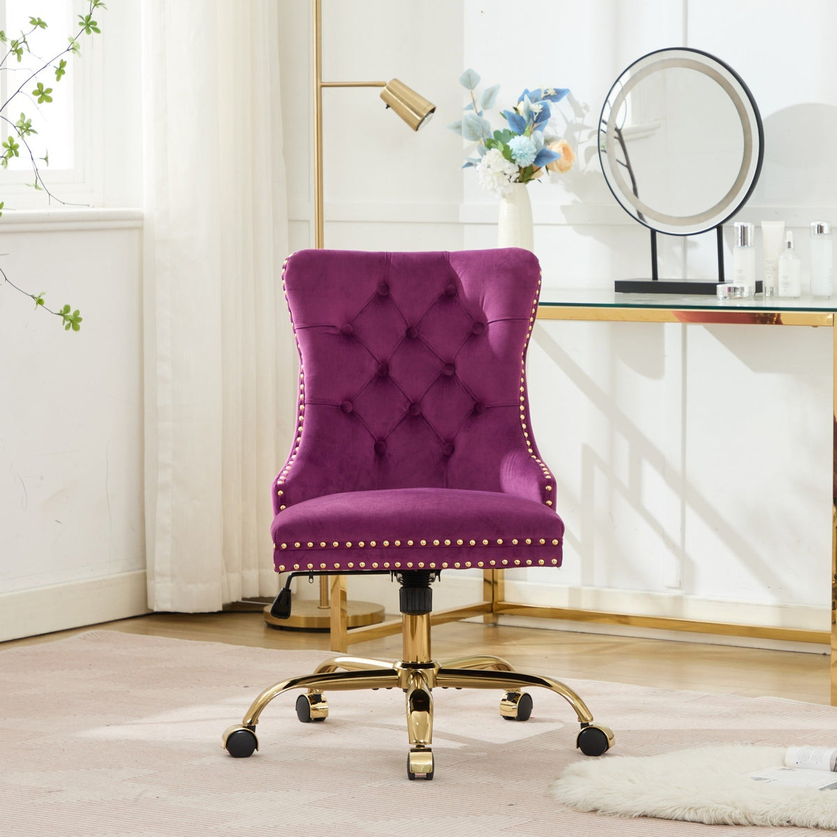 Purple Velvet Tufted Office Chair with Gold Accents and Nailhead Trim – view 14