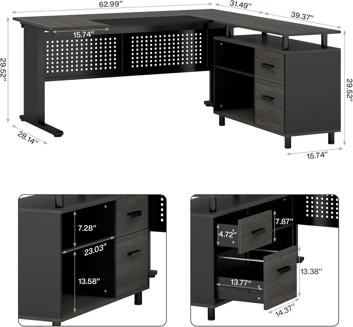 63-Inch Executive Desk with File Cabinet and Open Shelves – view 2