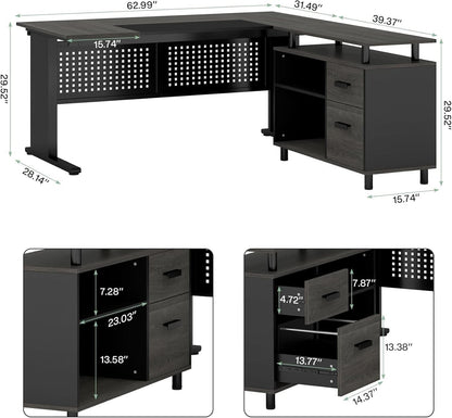 63-Inch Executive Desk with File Cabinet and Open Shelves – view 2