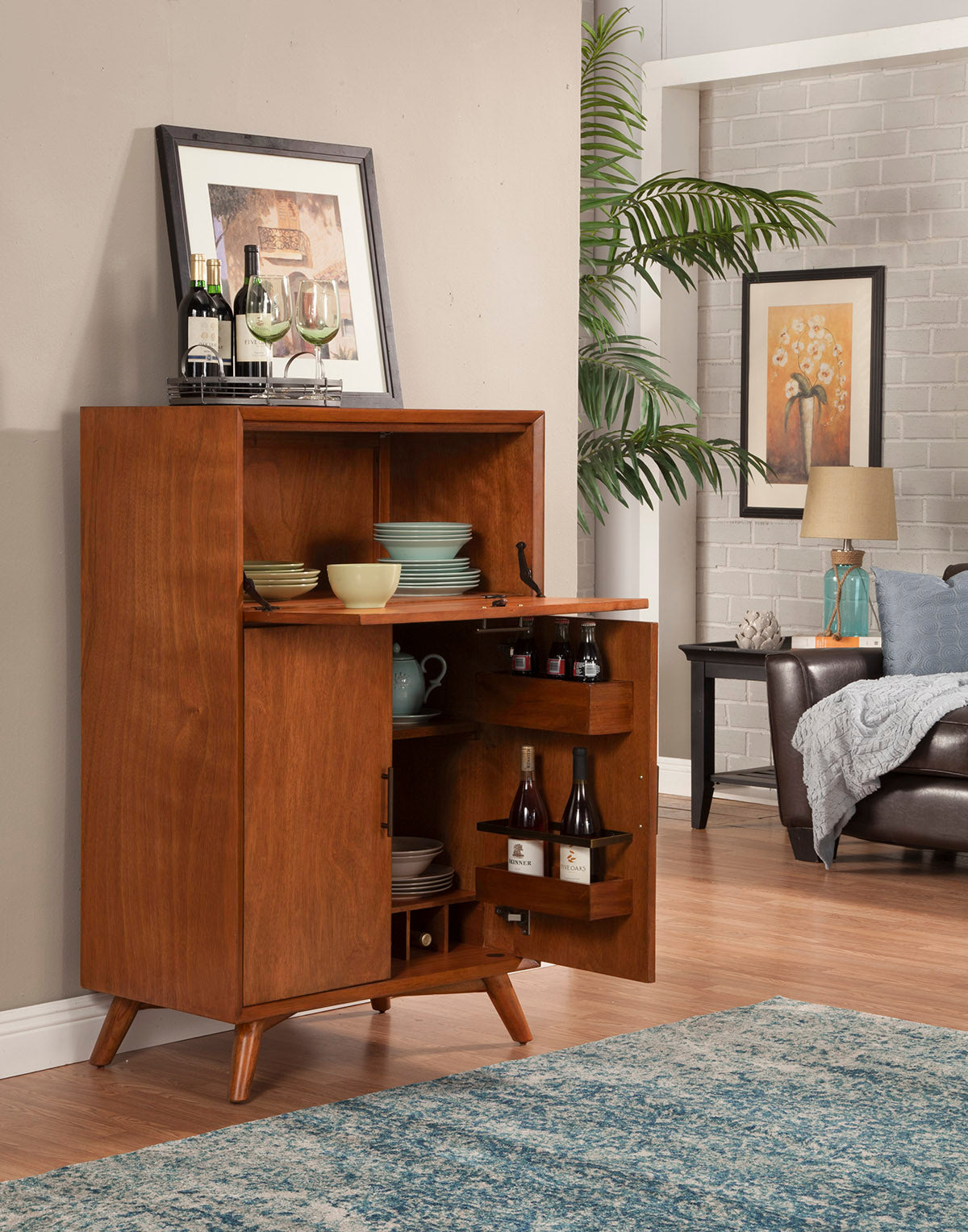 Flynn Mid-Century Large Bar Cabinet with Wine Rack, Chestnut – view 4