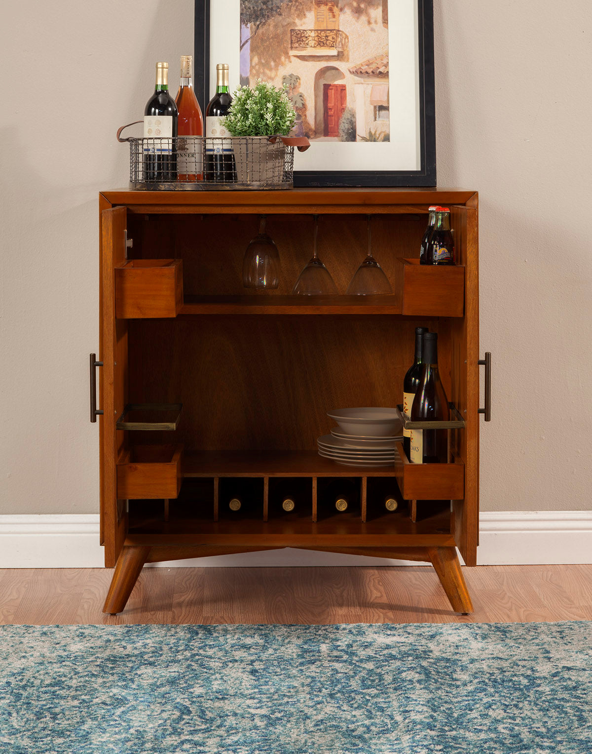 Flynn Small Bar Cabinet with Wine and Stemware Storage, Chestnut – view 4