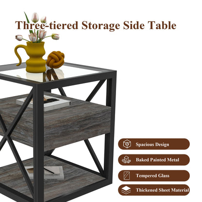 Industrial End Tables with Drawer and Glass Top, Set of 2 Nightstands – view 16