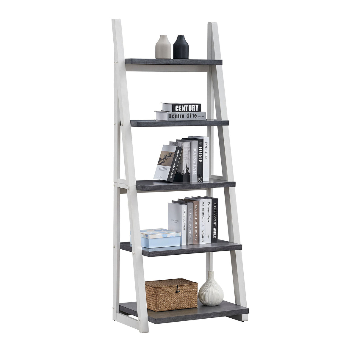 5-Tier Ladder Shelf with Rubber Wood Frame in Grey and White – view 2