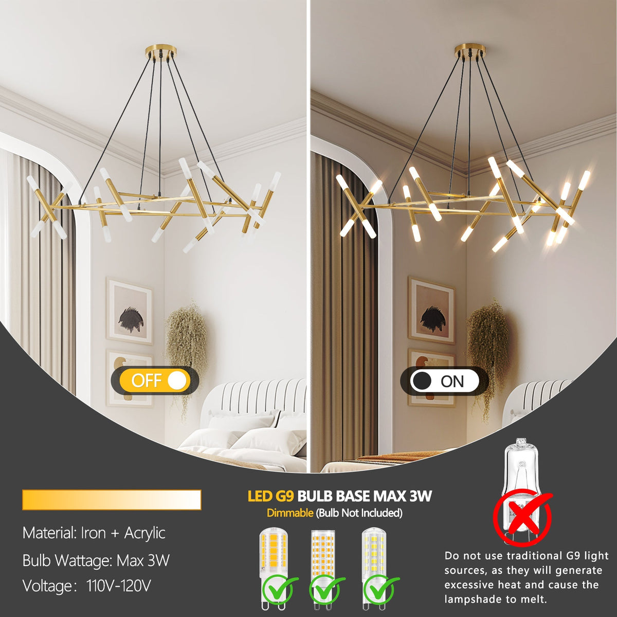 Modern Gold Branch Chandelier with Frosted Tubes, 40.9 Inch – view 7