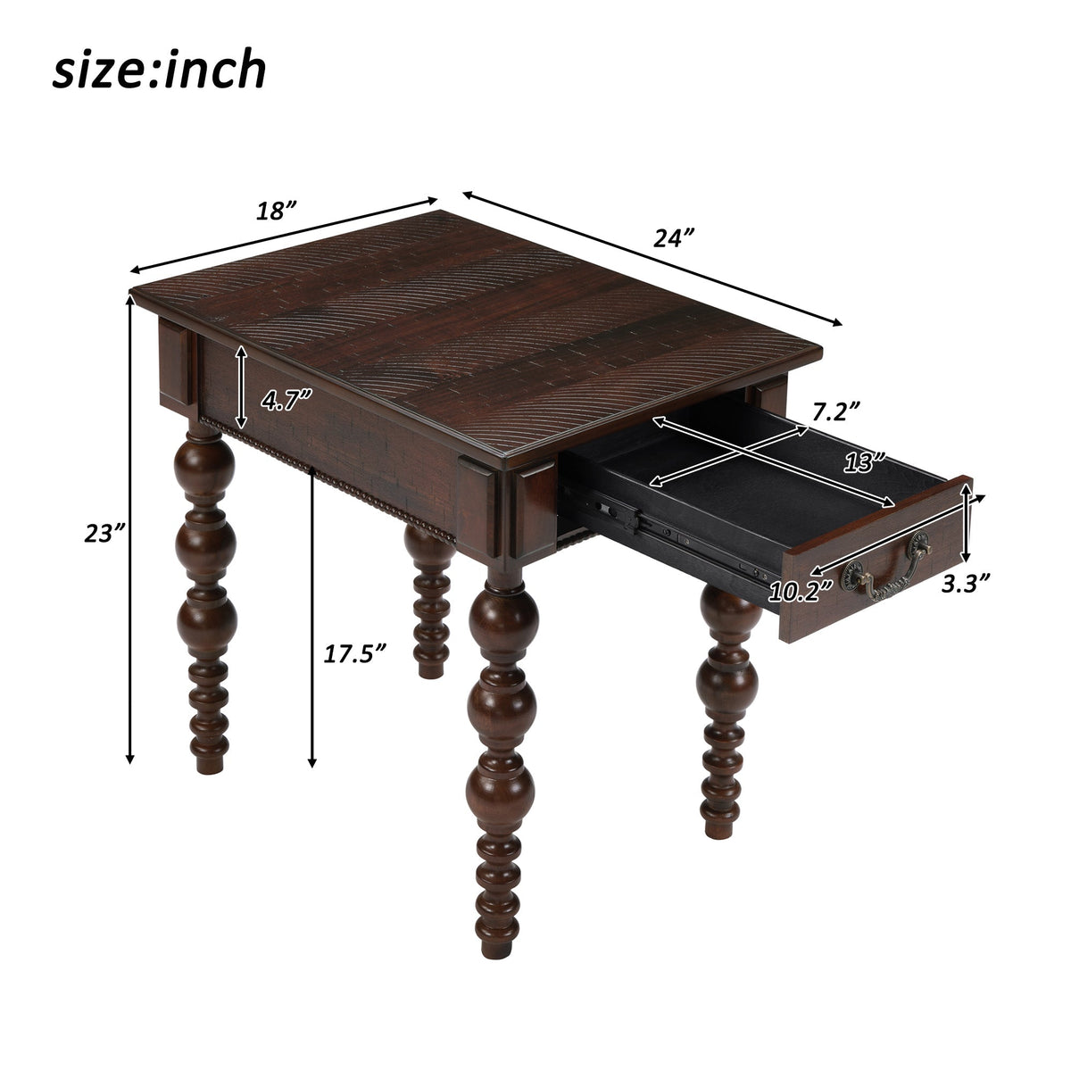Espresso Wood End Table with Drawer and Turned Spindle Legs – view 5