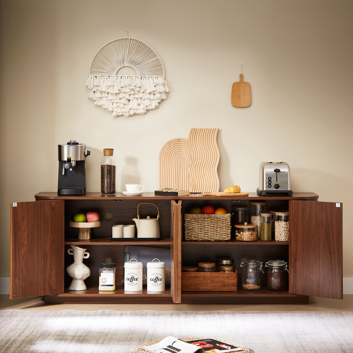 64 Inch Walnut Sideboard Storage Cabinet with Wave Pattern Doors – view 4