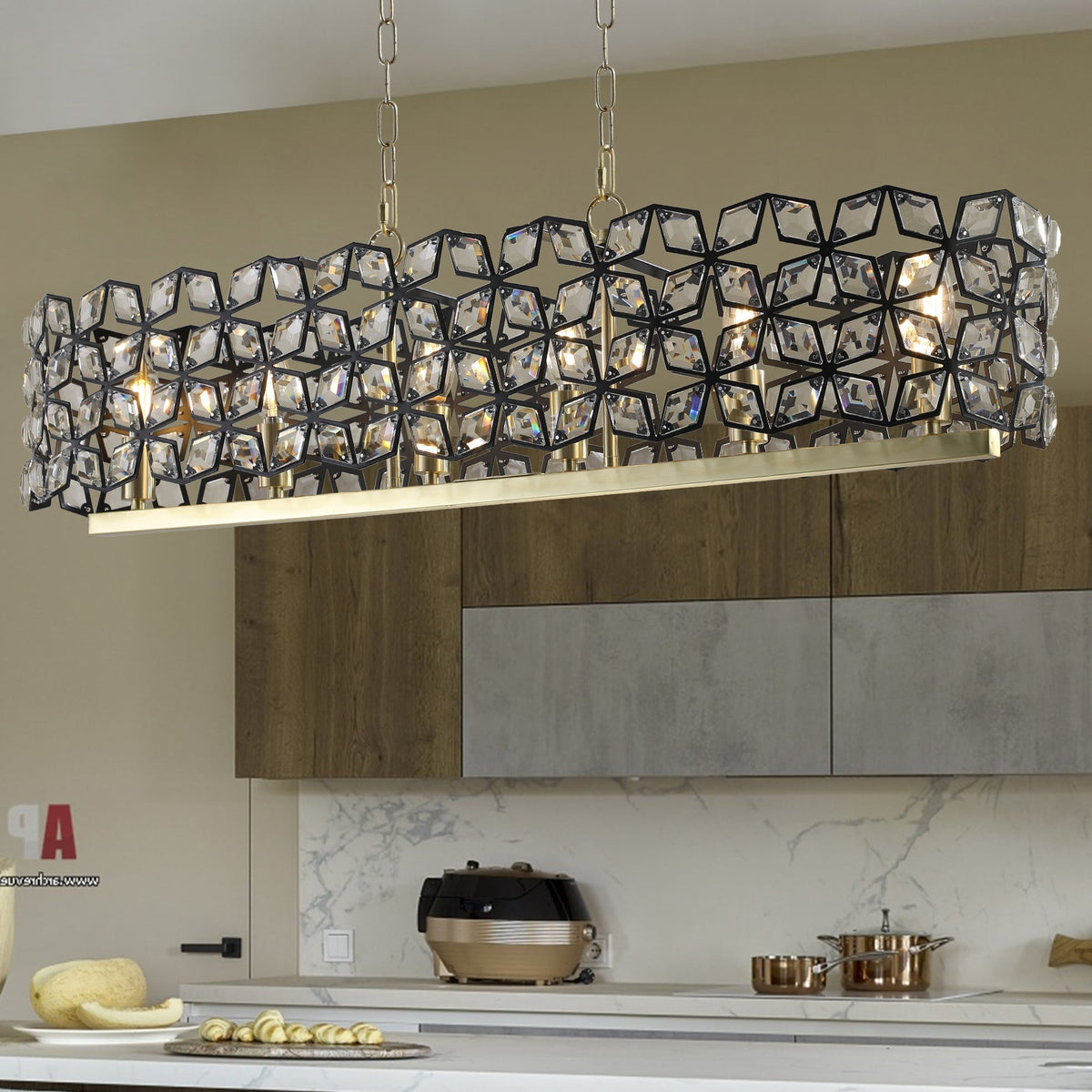 39" Contemporary K9 Crystal Linear Pendant Chandelier, Black and Gold – view 3
