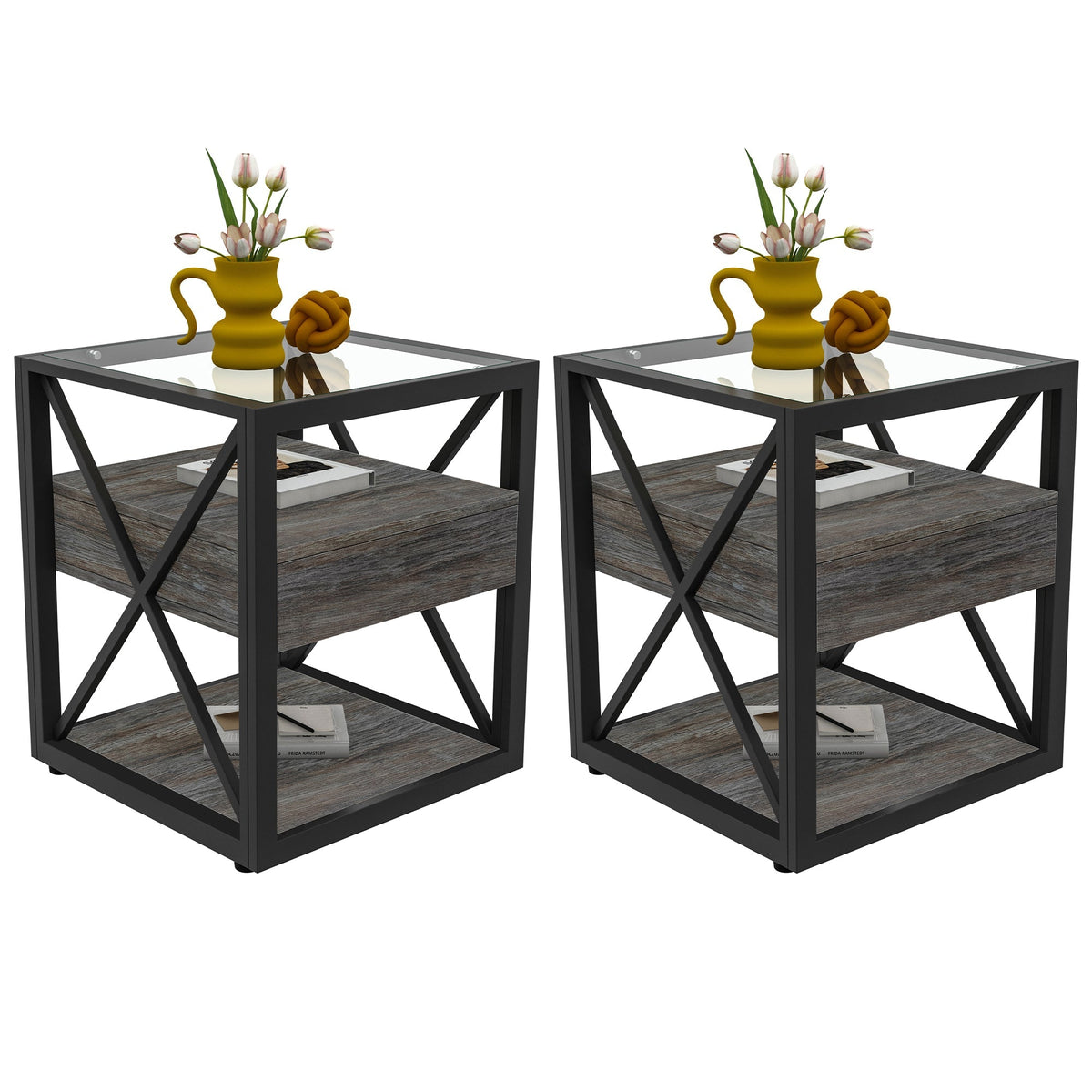 Industrial End Tables with Drawer and Glass Top, Set of 2 Nightstands – view 3