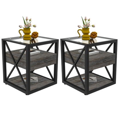 Industrial End Tables with Drawer and Glass Top, Set of 2 Nightstands – view 3
