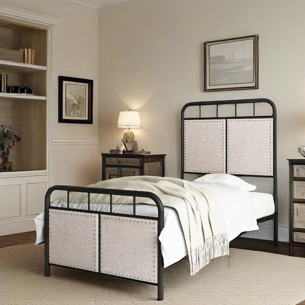 Twin linen upholstered metal platform bed frame with fabric headboard in a kids' bedroom