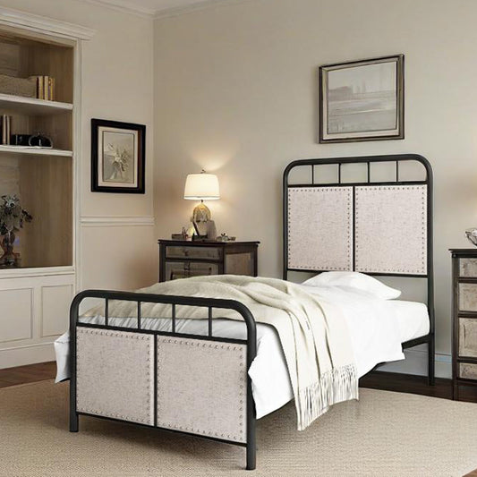 Twin linen upholstered metal platform bed frame with fabric headboard in a kids' bedroom