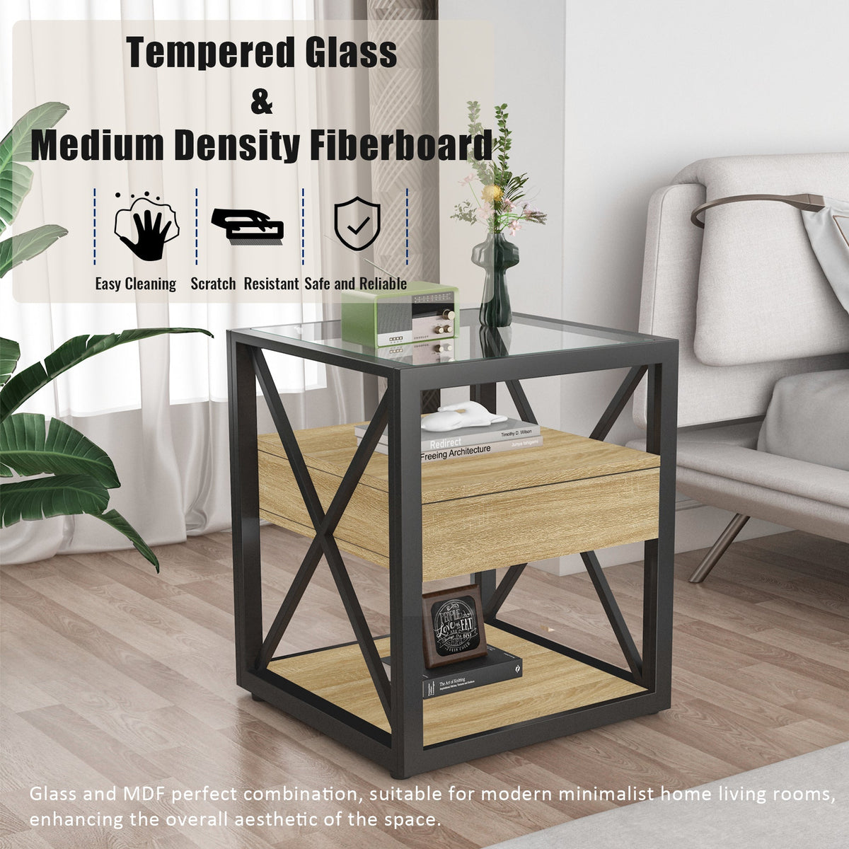 Modern 3-Tier End Table with Drawer and Tempered Glass Top – view 3