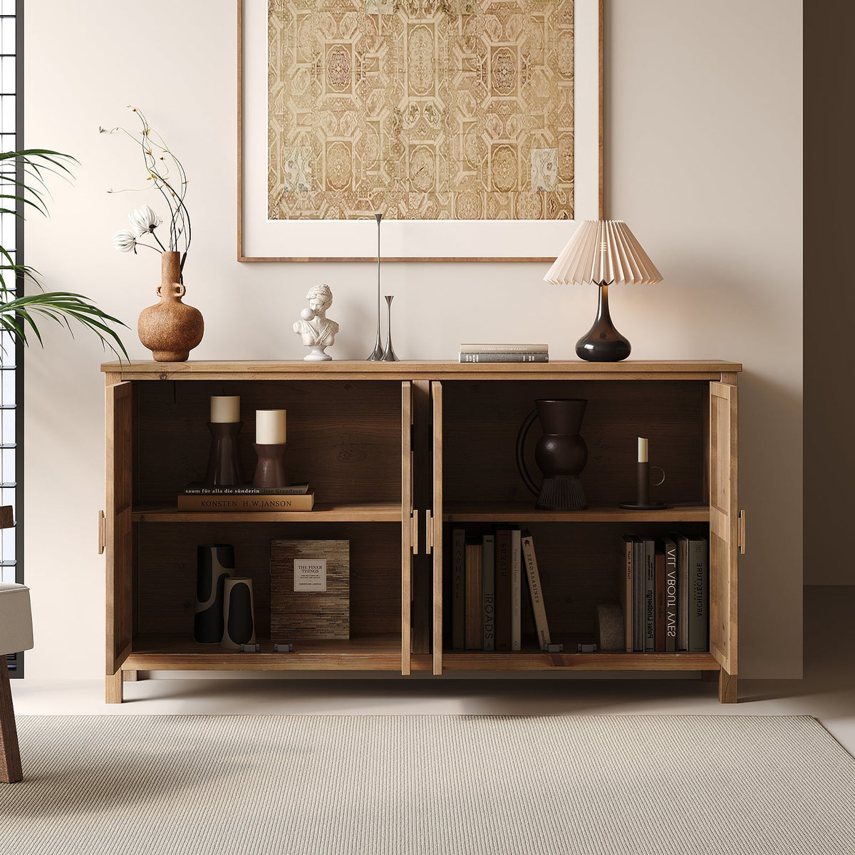 60 Inch Antique Brown and White Wood Accent Cabinet with 4 Doors – view 6