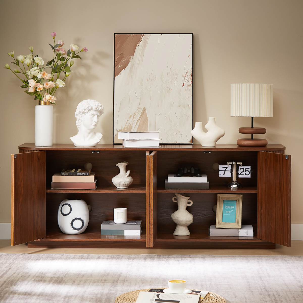 64 Inch Walnut Sideboard Storage Cabinet with Wave Pattern Doors – view 3