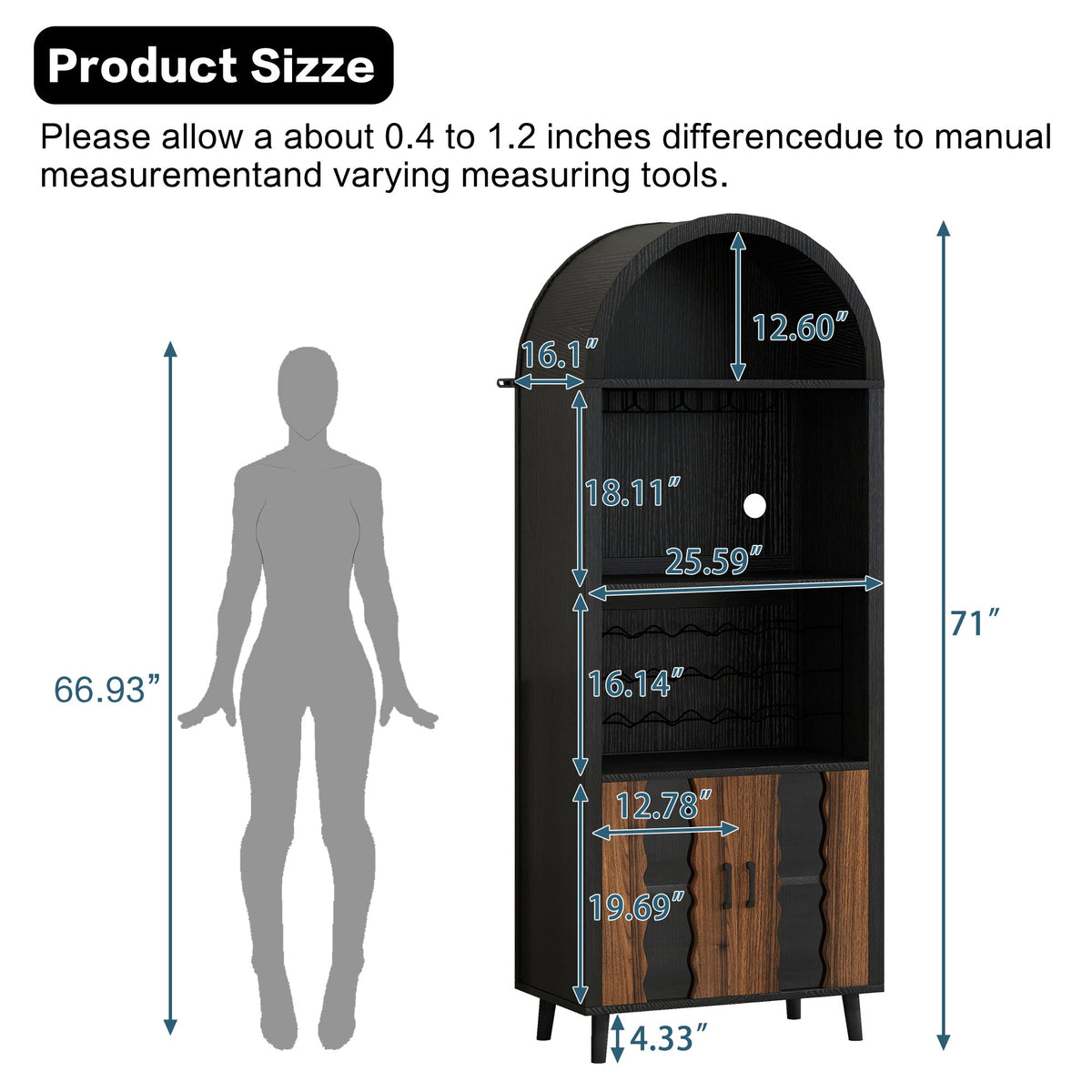 71-Inch Farmhouse Arched Wine Bar Cabinet with Glass Holders, Black – view 3