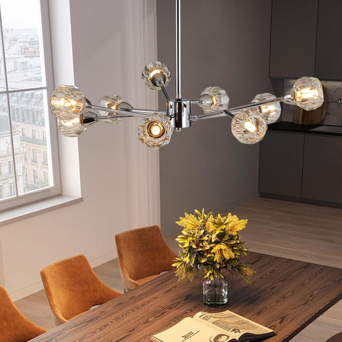 28" Modern Low-Profile Crystal Chandelier with 9 Lights, Chrome – view 4