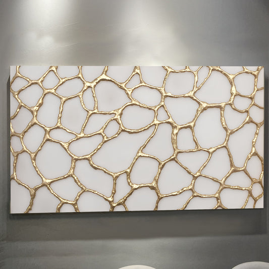 Wide golden neurons abstract canvas wall art above a desk in a home office
