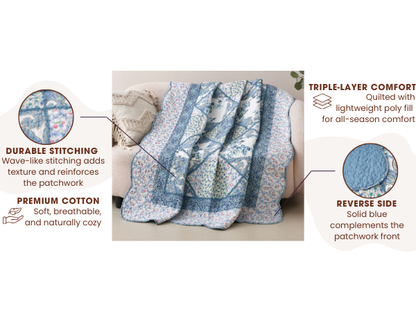 Petal Dance Blue and White Floral Cotton Patchwork Quilted Throw Blanket – view 4