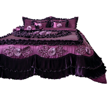 Midnight Bloom Dark Purple Satin Ruffle Floral Comforter Set – view 13