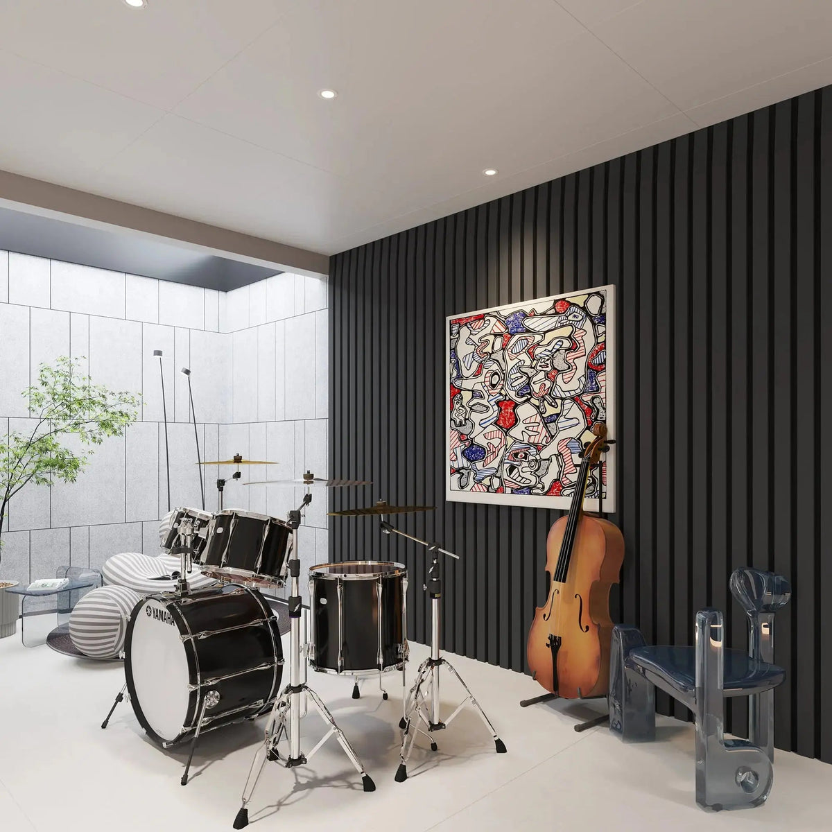 Black Solid Wood Acoustic Slat Wall Panels with Broad Strip Design
