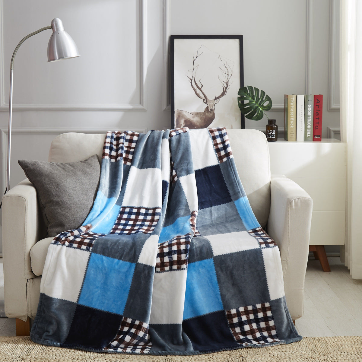 Polyester Fleece Patchwork Plaid Throw Blanket in Blue Hues