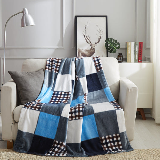 Polyester Fleece Patchwork Plaid Throw Blanket in Blue Hues