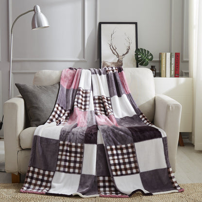 Polyester Fleece Patchwork Throw Blanket, Autumnal Palette
