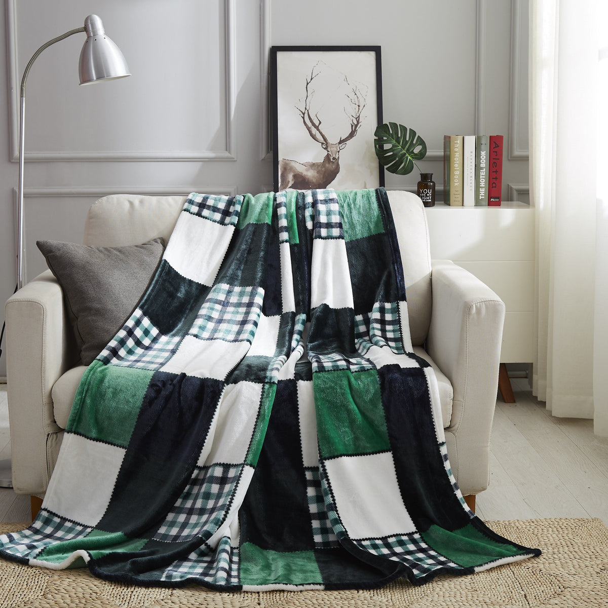 Polyester Flannel Plaid Blanket, Forest Green
