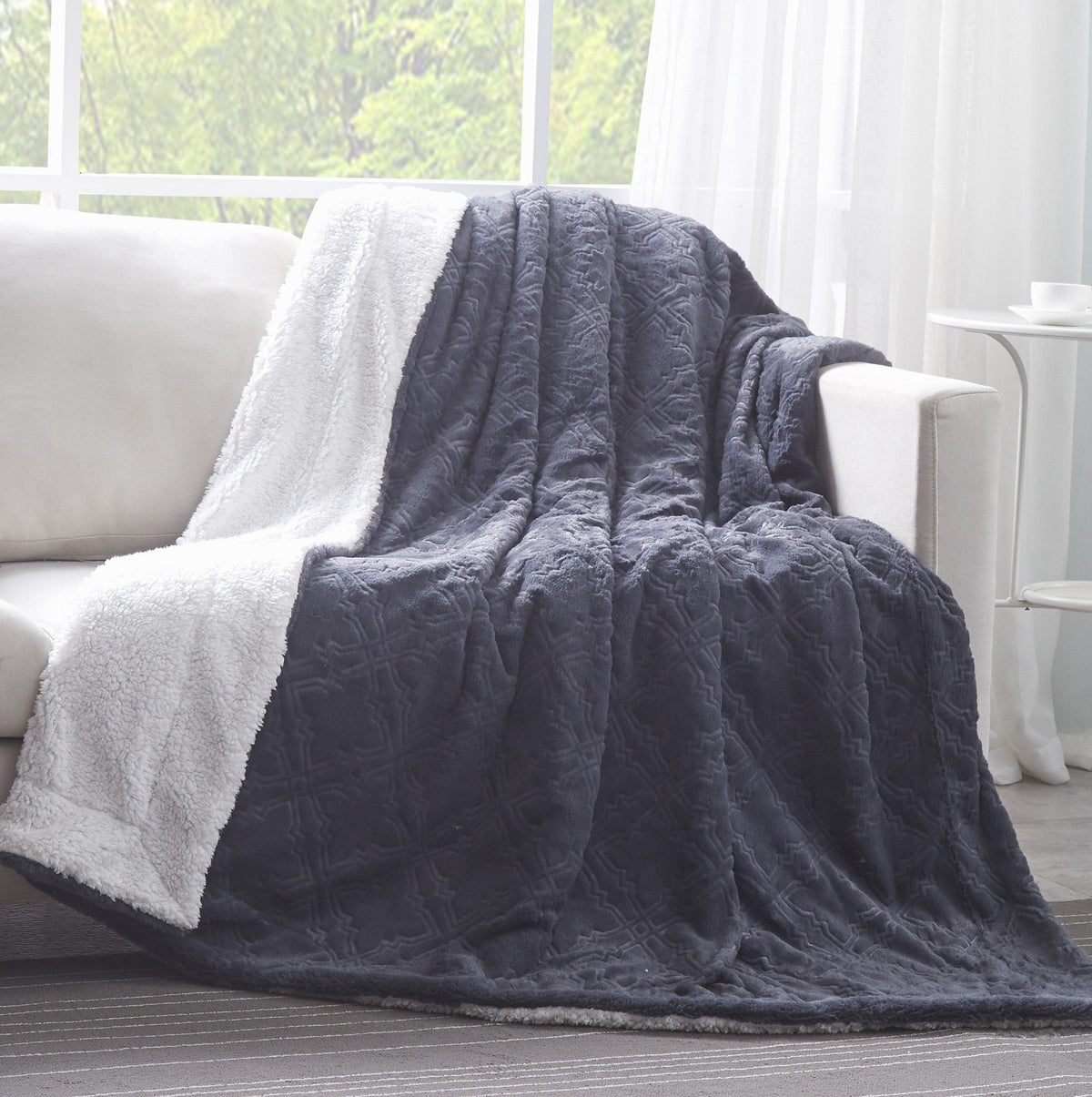 Navy Blue Diamond Trellis Faux Fur and Sherpa Throw Blanket – view 9