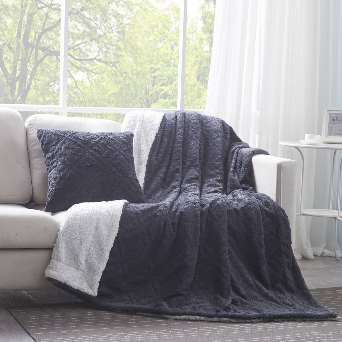 Steel Navy Blue Faux Fur Diamond Trellis Cushion Cover or Euro Sham – view 3