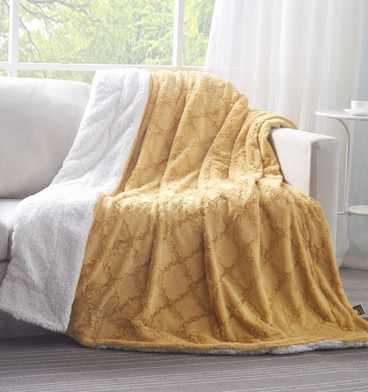 Mustard Yellow Moroccan Lattice Faux Fur and Sherpa Throw Blanket – view 3