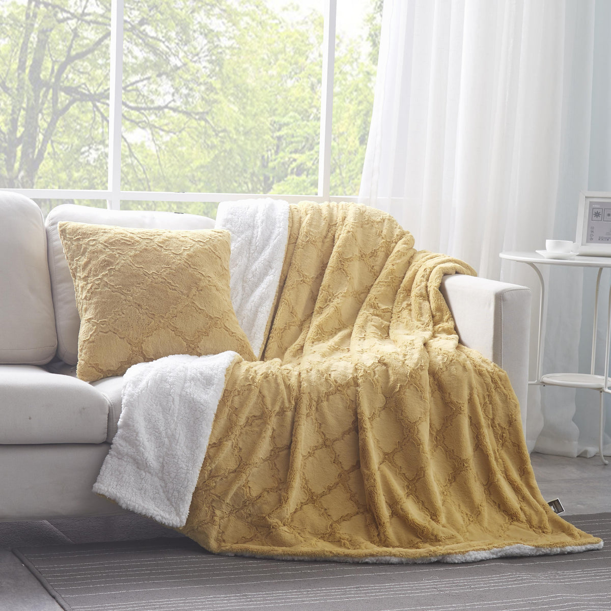 Mustard Yellow Faux Fur Moroccan Lattice Cushion Cover or Euro Sham – view 3