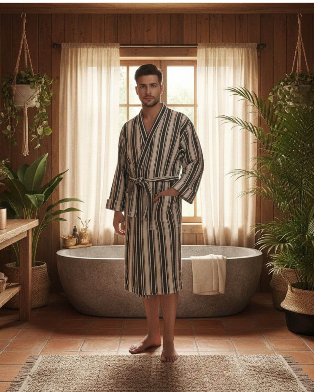 Hand-Woven Cotton Linen Blend Kimono Bathrobe, Unisex – view 3