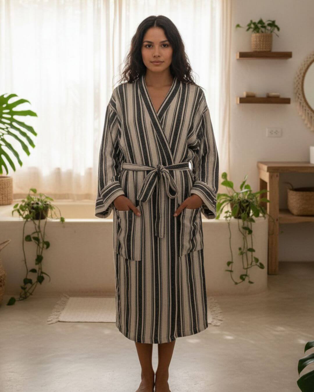 Hand-Woven Cotton Linen Blend Kimono Bathrobe, Unisex – view 2