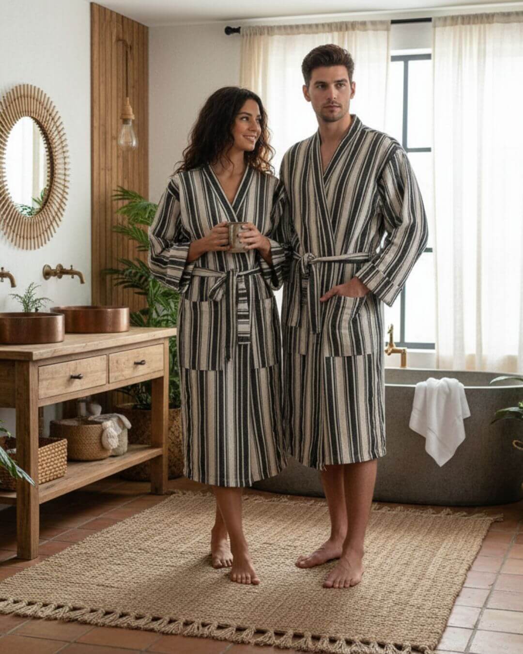 Cotton Linen Blend Kimono Bathrobe – Lightweight, Hand Woven