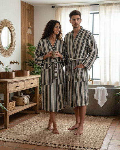 Cotton Linen Blend Kimono Bathrobe – Lightweight, Hand Woven