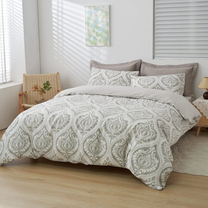 Dreamy Moon Sky Ogee Damask Reversible Duvet Cover in Gray and White – view 10