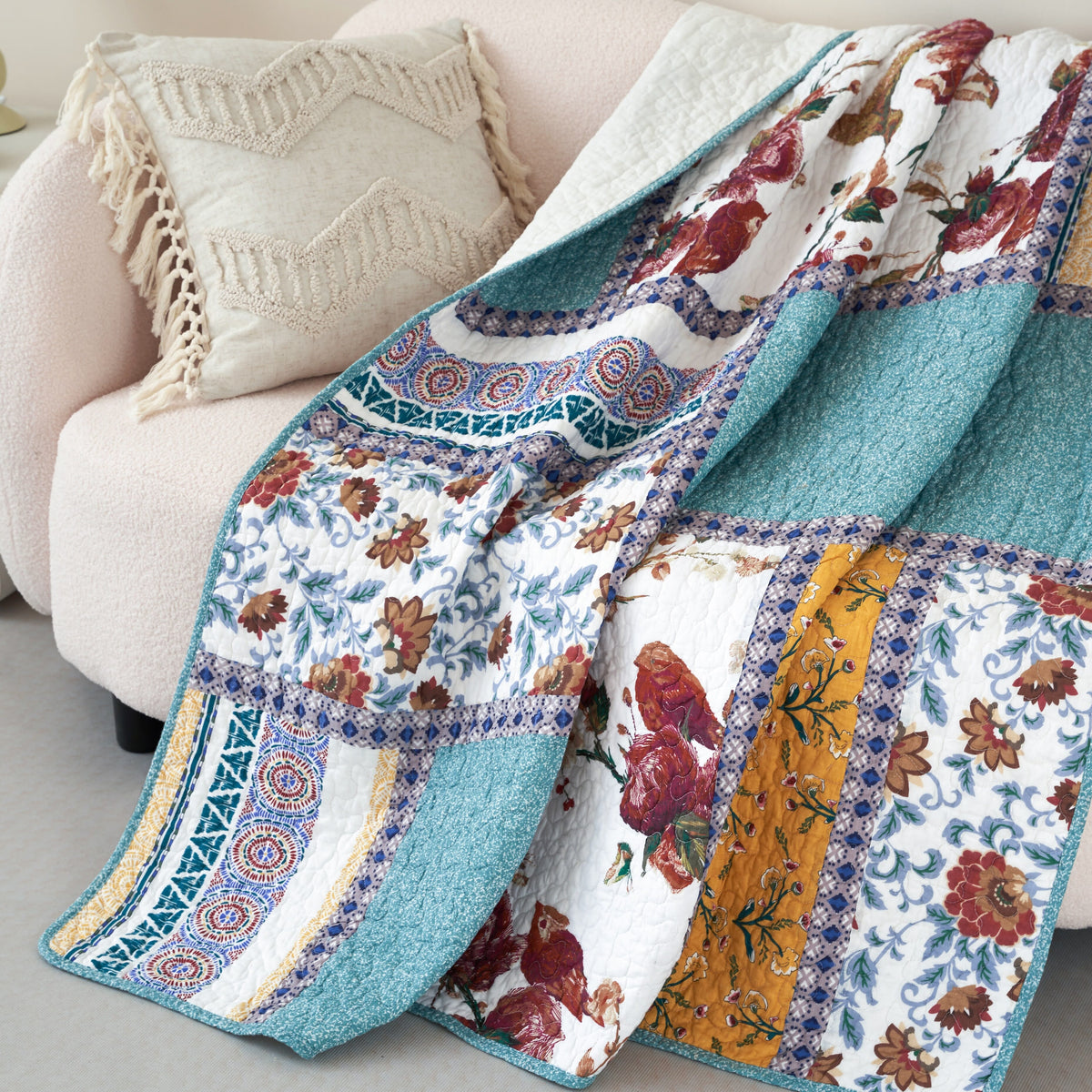 Old World Garden Hummingbirds Cotton Patchwork Quilted Throw Blanket – view 5