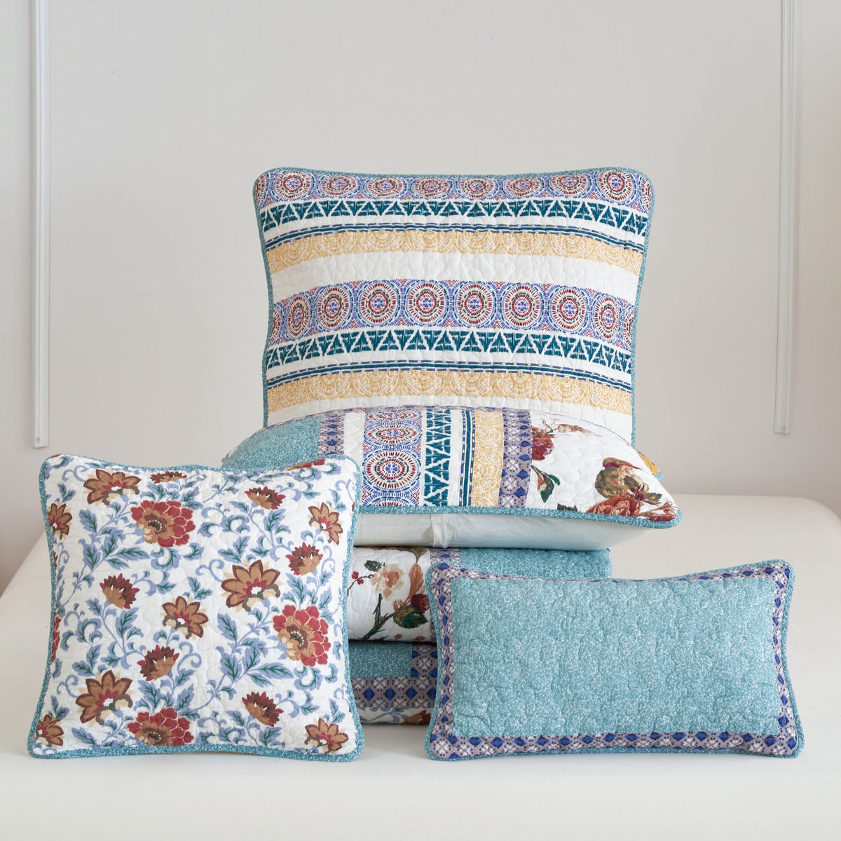 Old World Turquoise Geometric Patchwork Border Lumbar Pillow Sham – view 5
