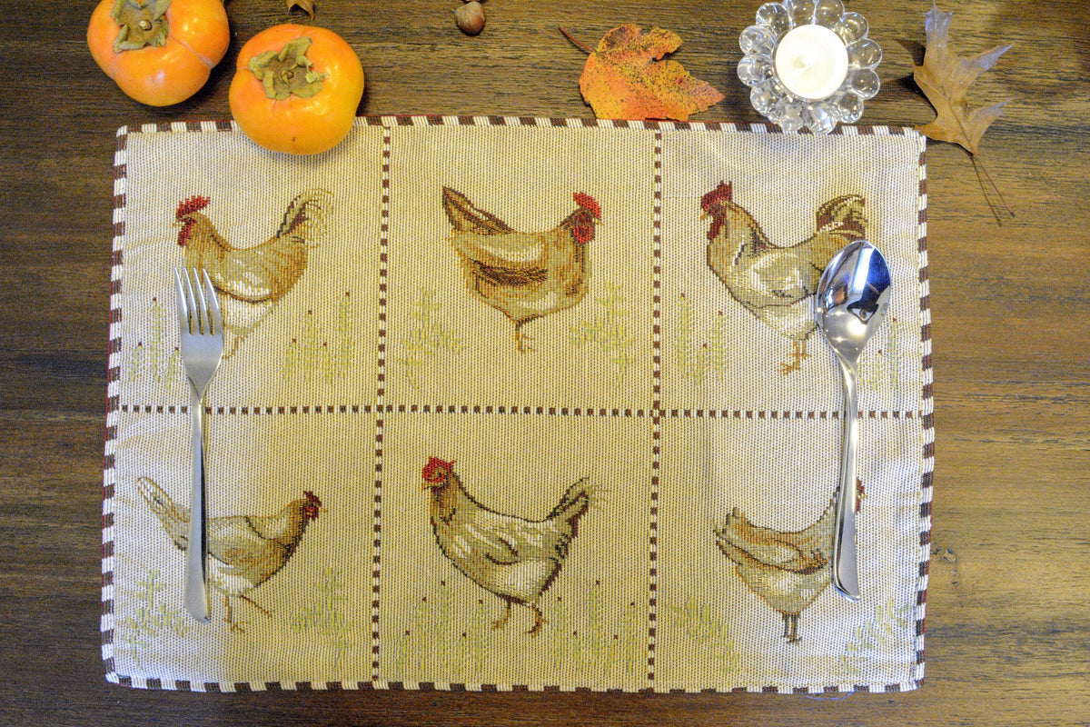 Woven Tapestry Placemat Set with Farmhouse Rooster & Hen Motif