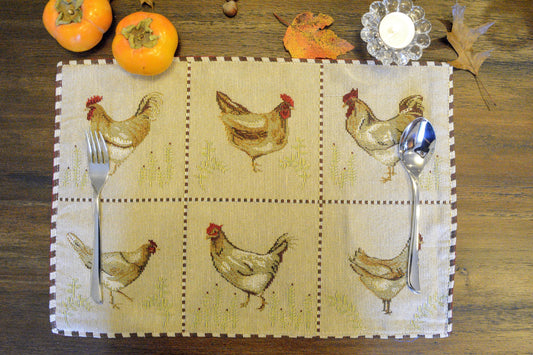 Woven Tapestry Placemat Set with Farmhouse Rooster & Hen Motif